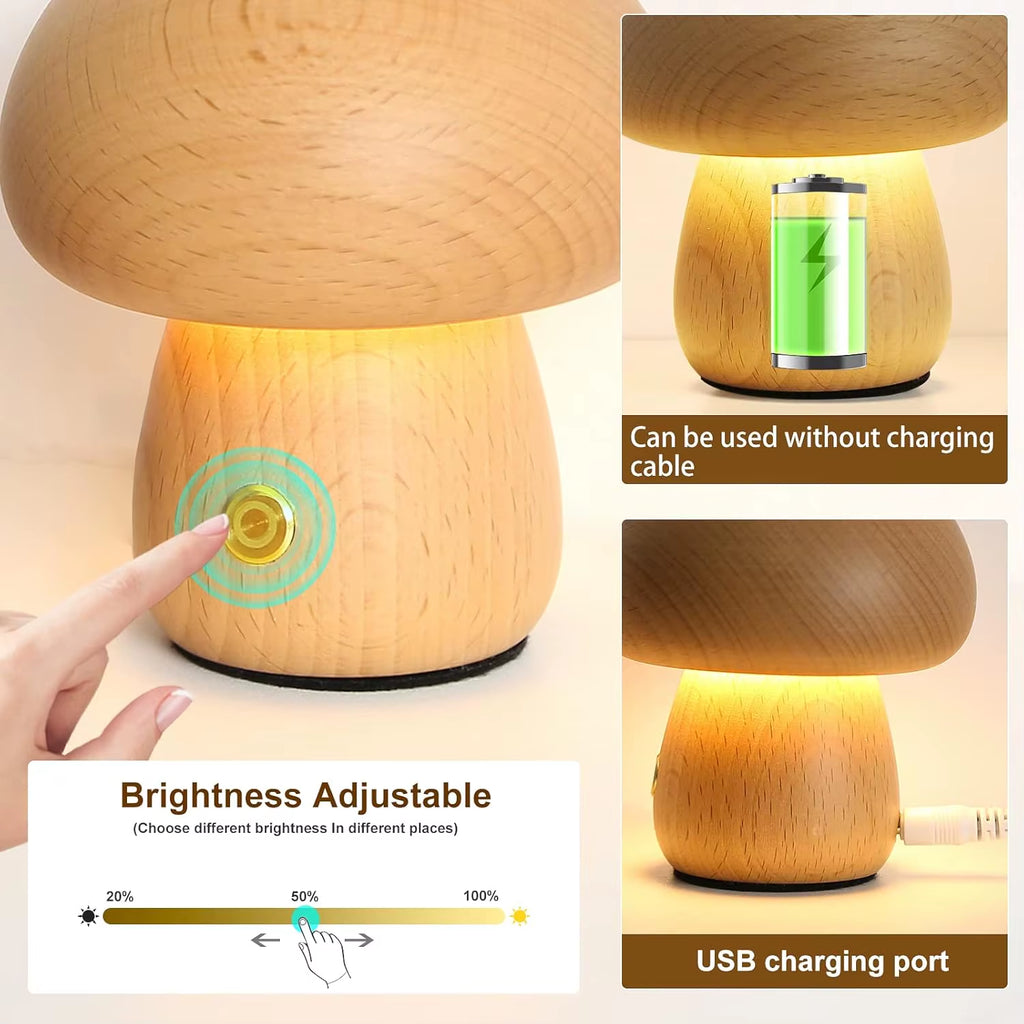 Mushroom Table Lamp Rechargeable Touch Portable Bedroom Bedside Night Light Cute Small Dimmable Desk Lamp for Home Decoration