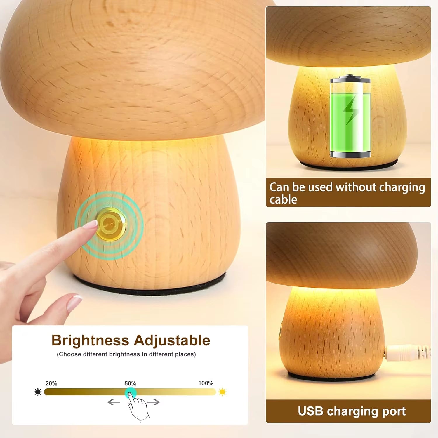 Mushroom Table Lamp Rechargeable Touch Portable Bedroom Bedside Night Light Cute Small Dimmable Desk Lamp for Home Decoration