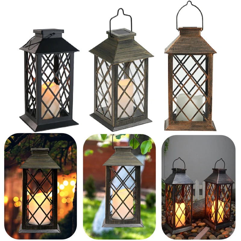 Solar Powered Lamp Retro Lantern Candle Twinkle Light Waterproof Outdoor Garden Solar LED Light Hanging Decoration Lantern