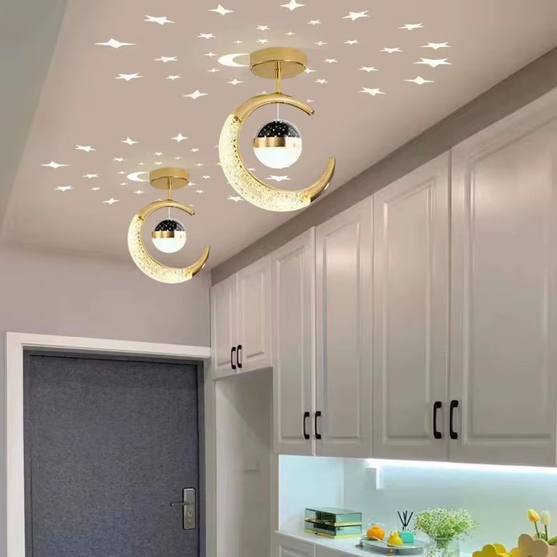 Creative Led Ceiling Light with Moon Stars Modern Asile Ceiling Lights Gold/Black Atmosphere Ceiling Hanging Lamp Loft Lighting