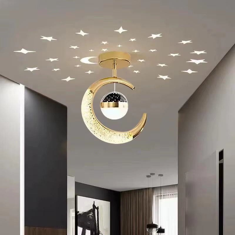 Creative Led Ceiling Light with Moon Stars Modern Asile Ceiling Lights Gold/Black Atmosphere Ceiling Hanging Lamp Loft Lighting