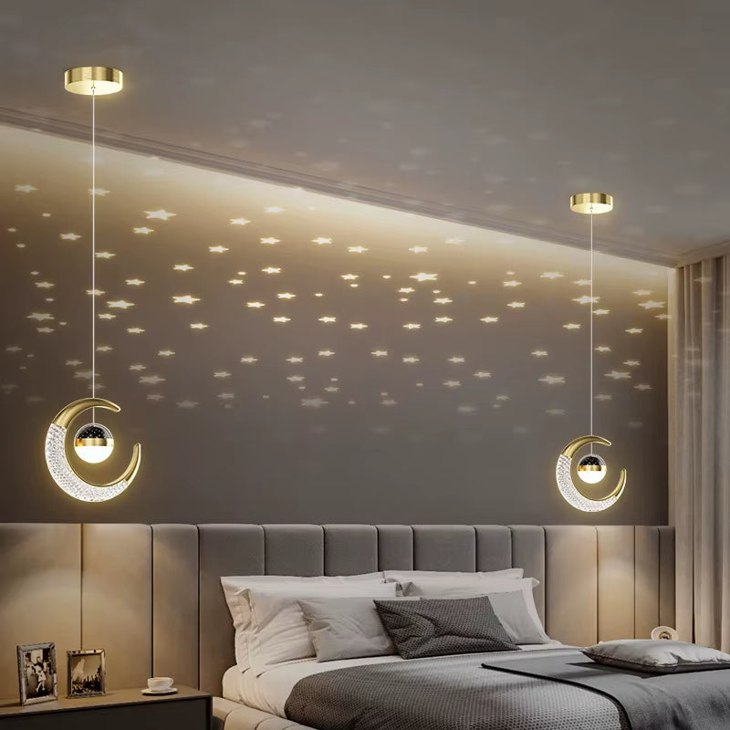 Creative Led Ceiling Light with Moon Stars Modern Asile Ceiling Lights Gold/Black Atmosphere Ceiling Hanging Lamp Loft Lighting