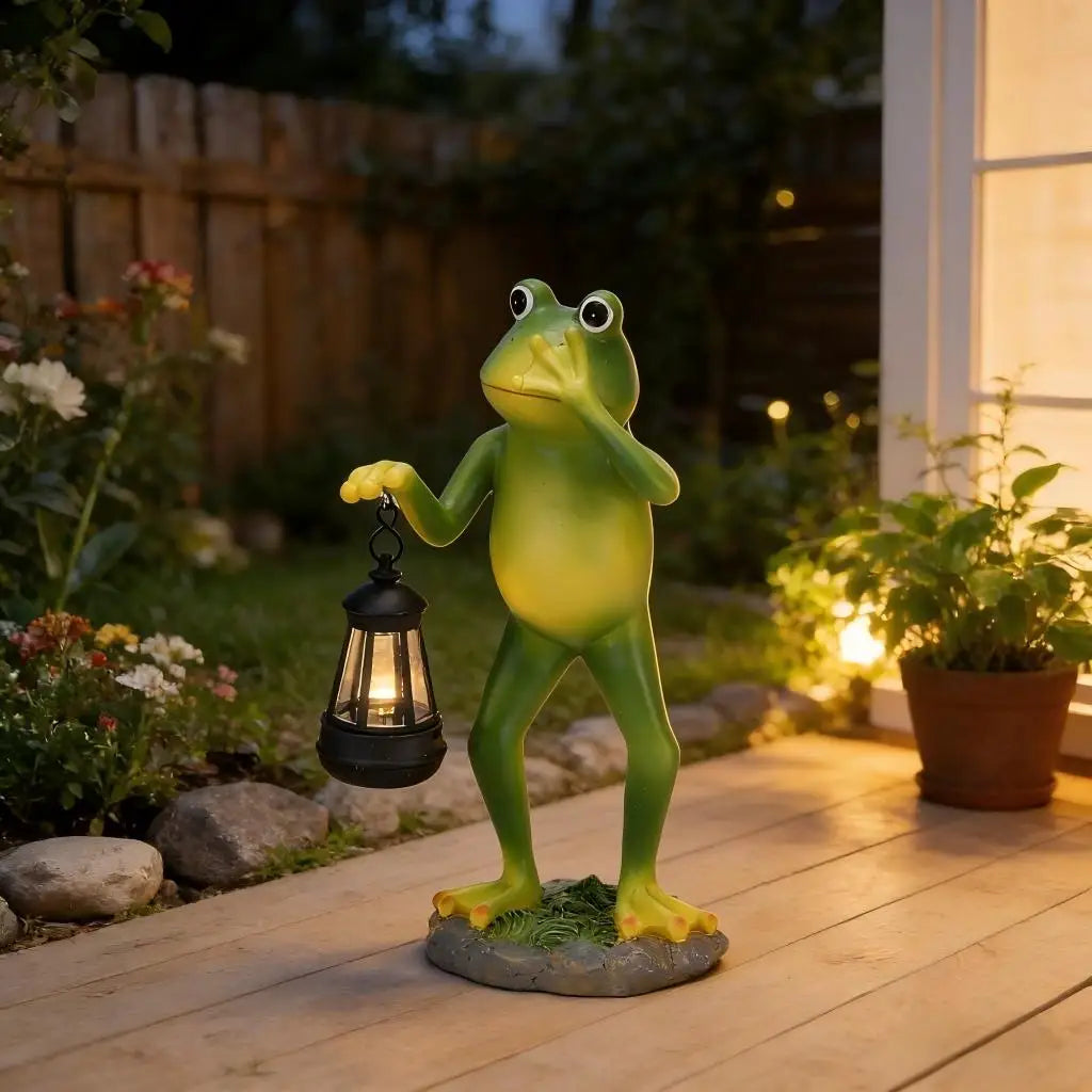 Solar Frog Garden Statue with Lantern LED Light Outdoor Yard Decor Waterproof Resin Animal Figurine Patio Lawn Pathway Decoratio
