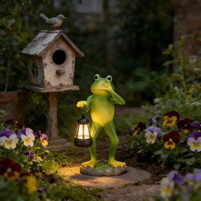 Solar Frog Garden Statue with Lantern LED Light Outdoor Yard Decor Waterproof Resin Animal Figurine Patio Lawn Pathway Decoratio